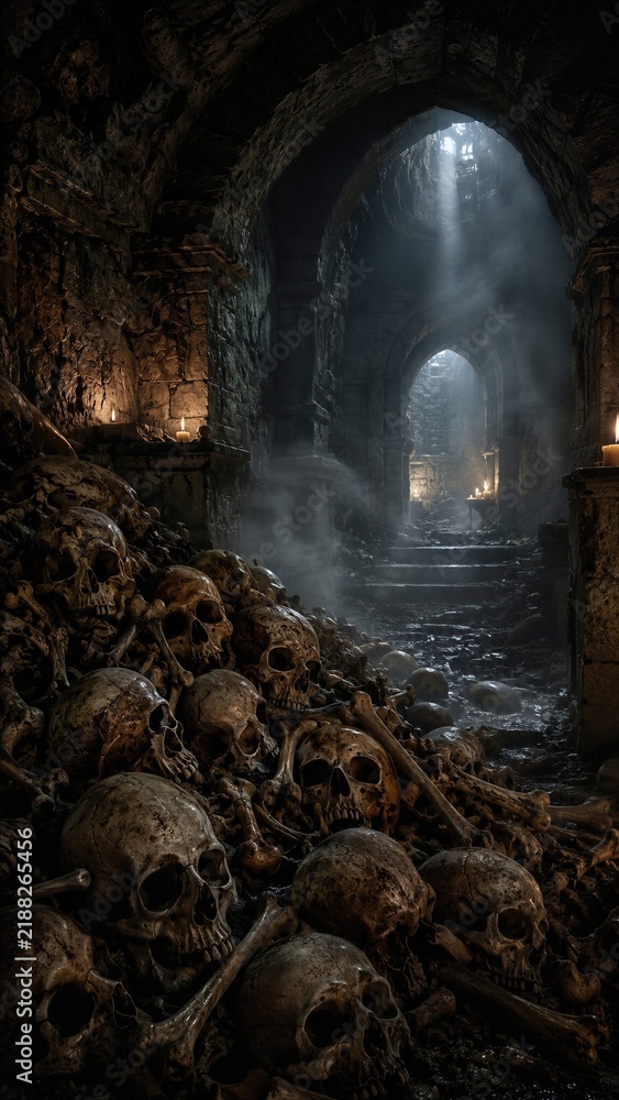 Obraz premium Pile of skulls and bones in dark medieval catacomb with burning candles. Spooky dungeon interior with fog and mysterious light. Horror background for Halloween concept