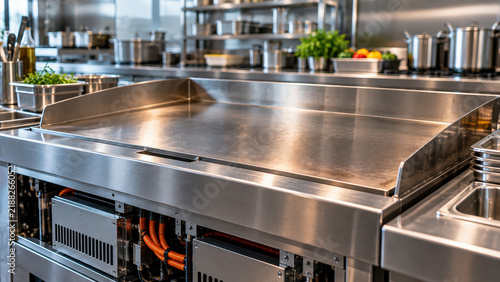 Commercial kitchen electrification stainless steel cooking station modern food service equipment industrial countertop prep surface