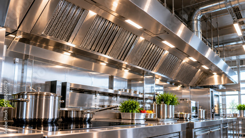 Commercial kitchen electrification stainless steel cooking hood modern restaurant kitchen industrial cooktop ventilation system