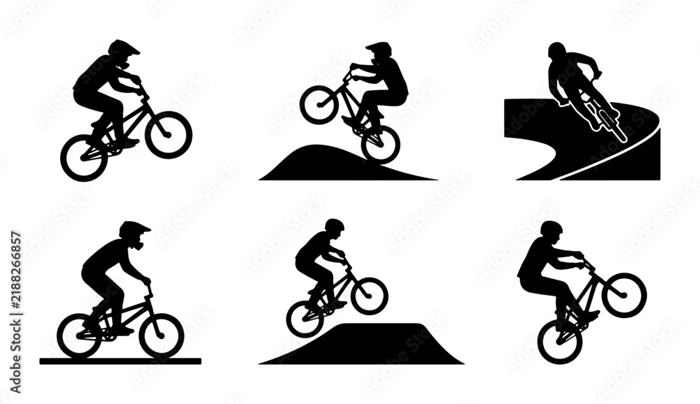 Obraz premium BMX Bike Silhouettes, Extreme Sports Action, Bicycle Rider Poses, Vector Graphics Set