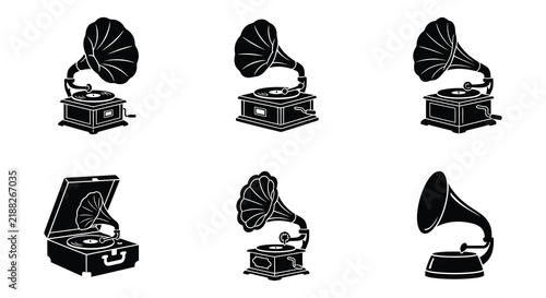 Vintage gramophones in black silhouette style against a white background