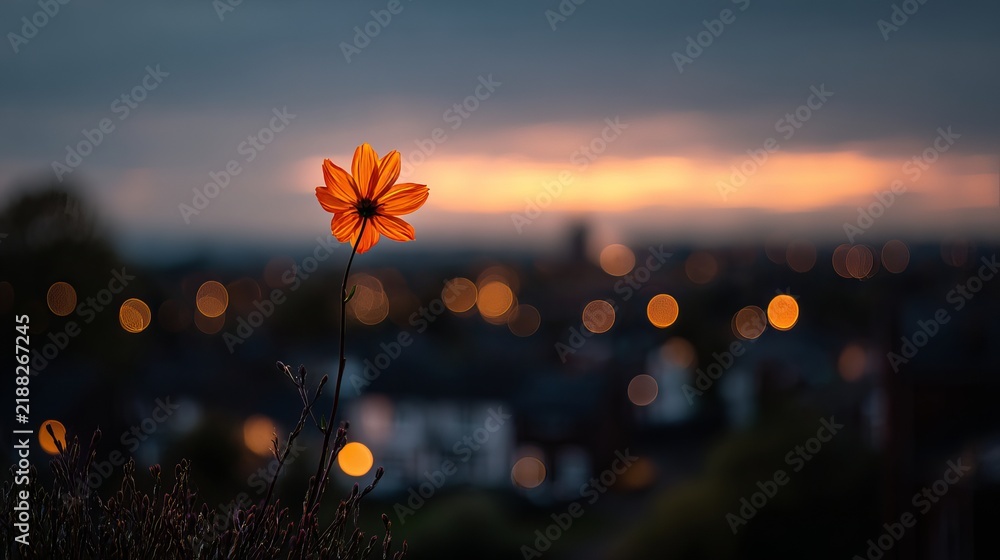 Fototapeta premium Vibrant orange cosmos flower standing tall against a blurred city skyline at twilight captured with soft cinematic bokeh light effects