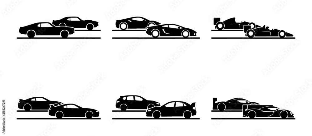 Obraz premium Black Silhouette Sports Cars, Racing Vehicles, and SUVs on Road Vector Icons Set