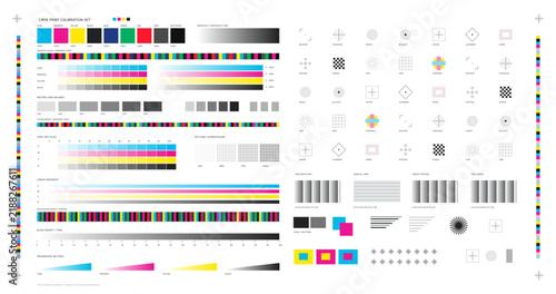 CMYK print test page with registration marks, color calibration bars for offset printing, technical vector template