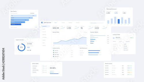 Minimalist UI dashboard vector template, clean blue business analytics interface, modern financial data visualization charts