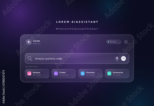 Futuristic AI assistant interface, glassmorphism chatbot search bar, dark purple user interface vector template