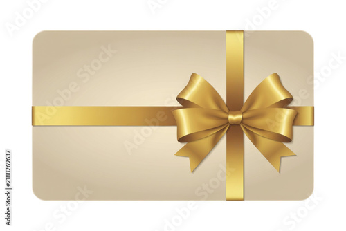 Elegant gift card with golden silk ribbon bow isolated on a transparent background