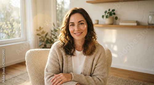 Smiling elegant woman sitting peacefully in bright living room perfect for domestic lifestyle concepts positive mindset and comfortable home living