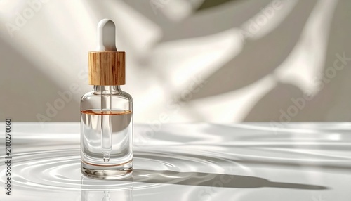 Glass serum bottle with wooden dropper on ripple water surface, beauty skincare presentation, spa branding, essential oil essence