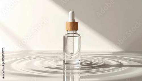 Glass serum dropper bottle with wooden cap standing in rippling water, skincare product photography, wellness, hydration and facial treatment