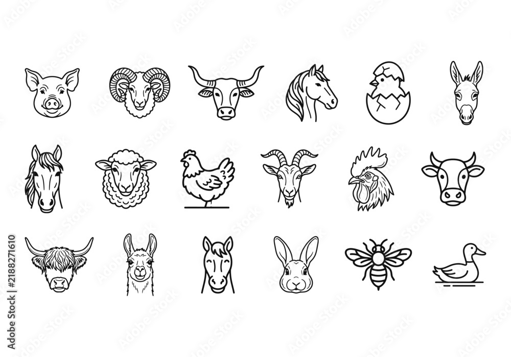 Obraz premium Minimalist farm animal line icons, set of 18 livestock vector illustrations, modern black and white agricultural symbols for branding