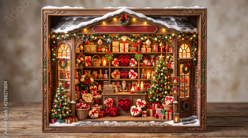 Miniature advent calendar display showcasing holiday gift assortment in rustic wooden frame