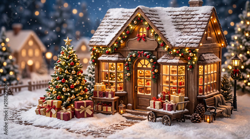 Miniature Christmas boutique decorated with festive lights in a snowy village