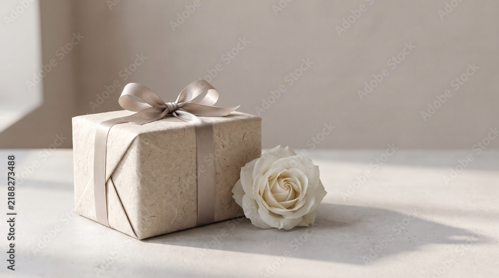 Obraz premium Minimalist beige wrapped gift box with silk ribbon and white rose on table