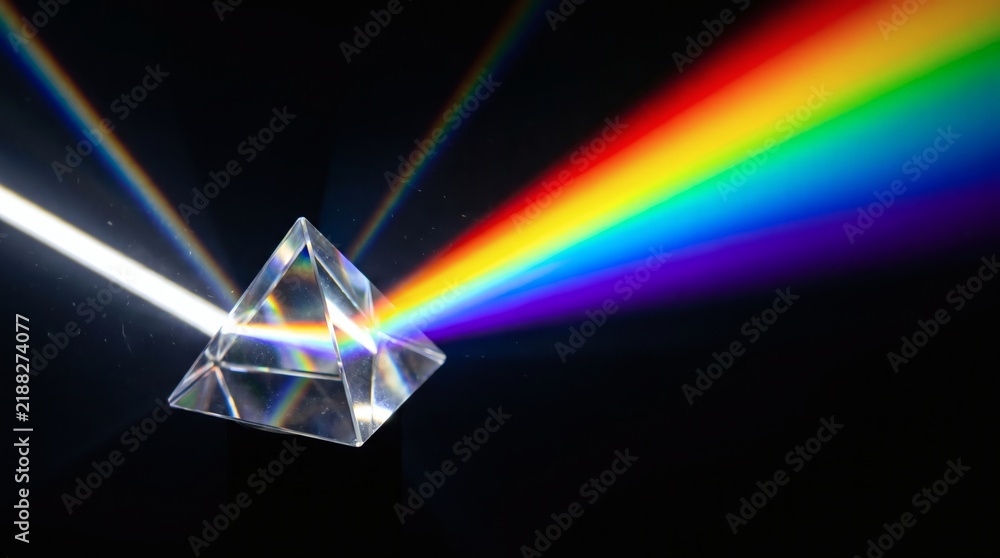 Fototapeta premium Glass Prism Dispersing White Light into a Rainbow Spectrum on Black Background