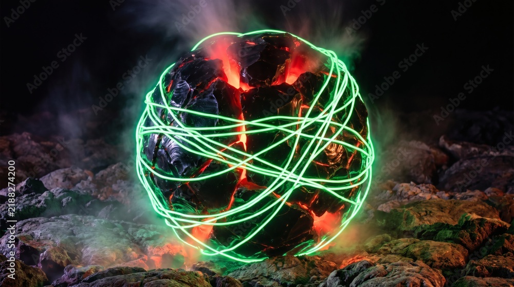 Fototapeta premium Abstract Obsidian Sphere with Glowing Green Wires and Red Lava Cracks on Rock