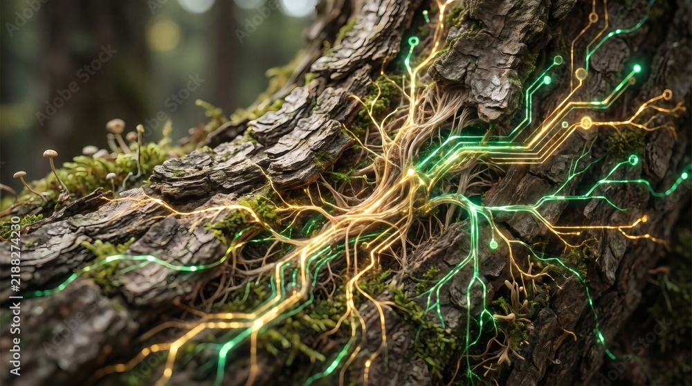 Fototapeta premium Conceptual tree bark transforming into glowing digital neural network circuits