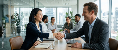 Diverse business team shaking hands in modern office meeting room
