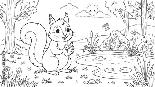Happy squirrel holding an acorn by a pond with water lilies and reeds, sunny forest landscape, black and white line for children coloring book page, on white also transparent background