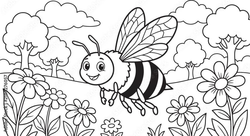 Fototapeta premium A happy cartoon bee flying in a sunny flower meadow, black and white line coloring page for kids, featuring simple outlines of flowers, trees, and fluffy clouds in a also transparent background