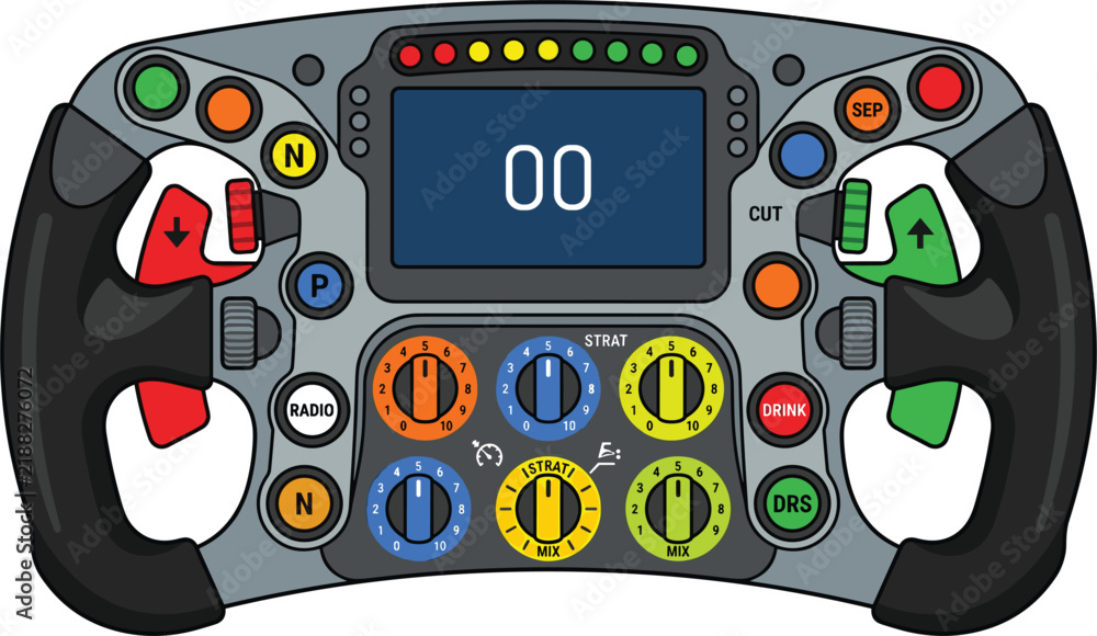 Obraz premium Formula 1 racing car steering wheel vector illustration featuring a detailed modern motorsport cockpit wheel with buttons dials and a digital dashboard screen isolated on white background