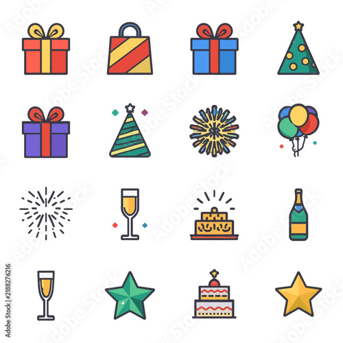 Colorful line art celebration icons featuring party hats birthday cakes and gift boxes.