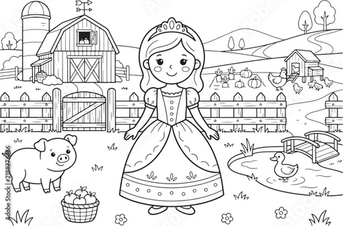 Foto A little princess standing on a farm with a barn, a pig, a duck pond, and a chic