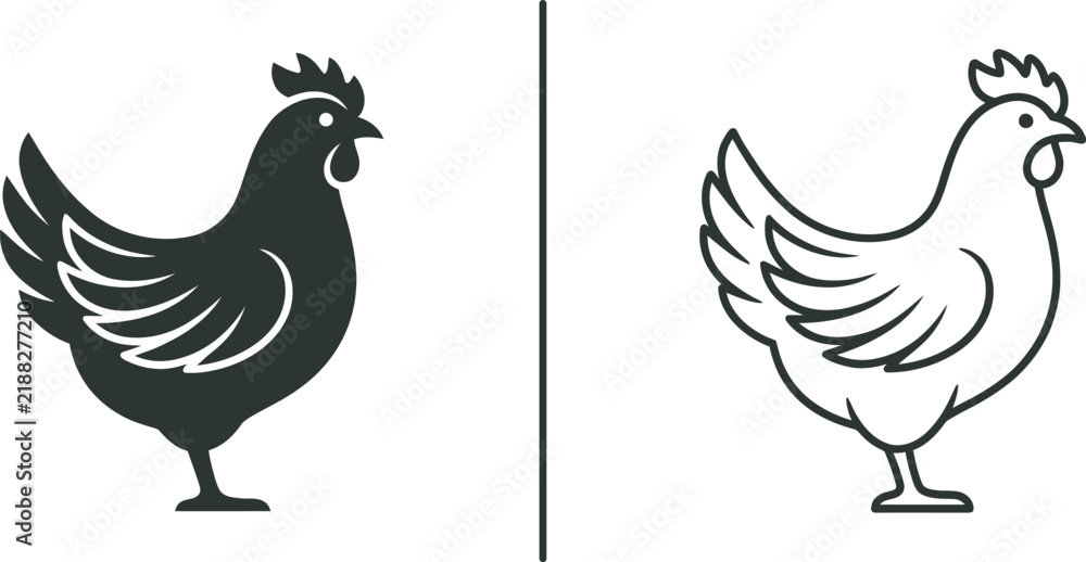 Fototapeta premium Black and white chicken icons showing a solid silhouette and an outline drawing of a hen side by side