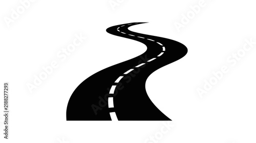 Vector illustration of black icon of a winding road with lane markings on a transparent background