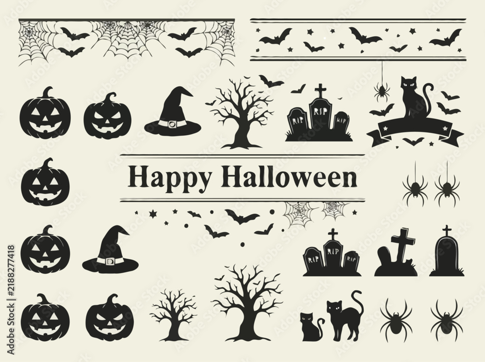 Fototapeta premium Vintage Halloween Graphic Elements Set with Silhouettes and Web Borders