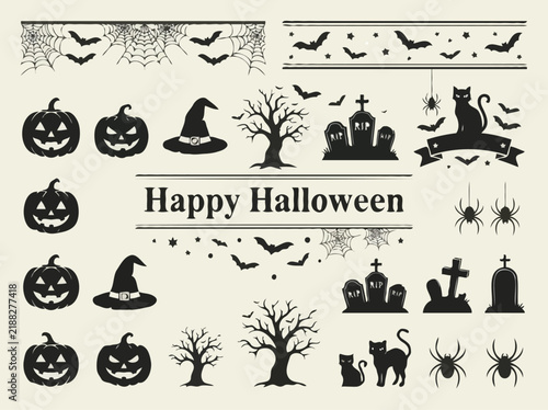 Vintage Halloween Graphic Elements Set with Silhouettes and Web Borders