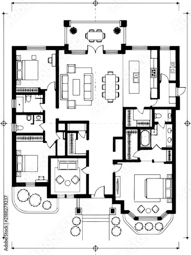 Modern residential house architectural floor plan and interior layout blueprint