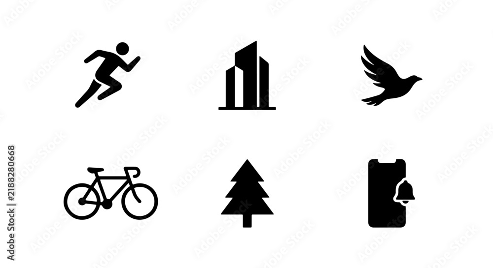 Fototapeta premium Modern Icon Set: Running Man, Building, Bird, Bicycle, Tree, Notification Bell