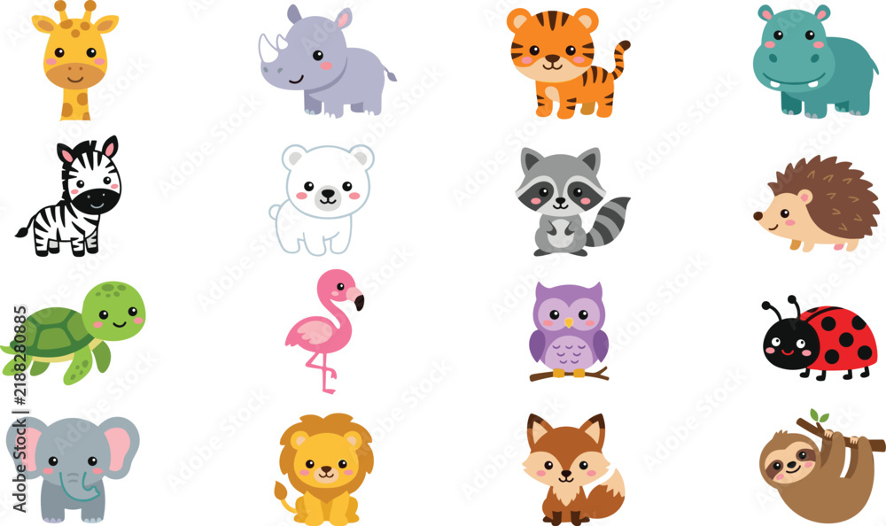 Obraz premium Cute cartoon baby wild animals collection vector illustration set featuring giraffe rhino tiger hippo zebra polar bear raccoon hedgehog turtle flamingo owl ladybug elephant lion fox sloth