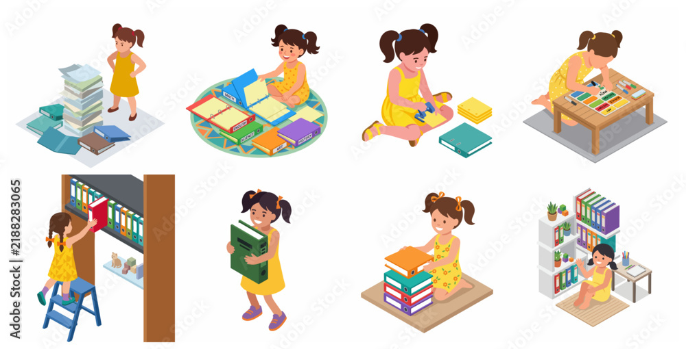 Fototapeta premium Isometric vector illustration set of a little girl organizing school folders and supplies for study and education
