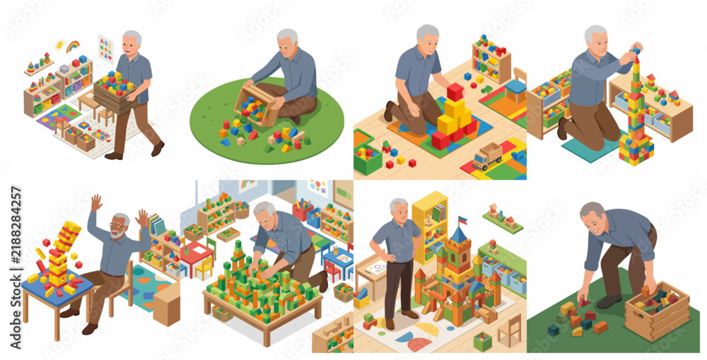 Fototapeta premium Isometric set of a senior man playing with colorful wooden building blocks in a nursery room, building towers and castles.