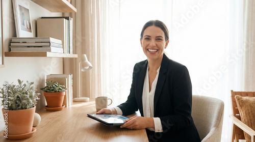 Smiling businesswoman sitting at desk with digital tablet in modern office perfect for entrepreneurship concepts corporate success and management