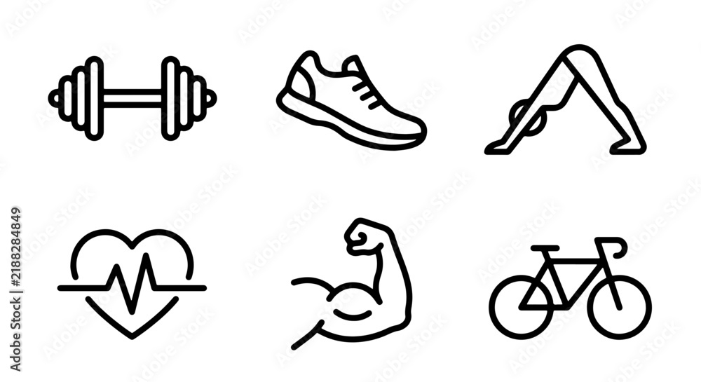 Fototapeta premium Fitness Icons Set: Dumbbell, Running Shoe, Yoga Pose, Heartbeat, Bicep, Bicycle Vector Graphics