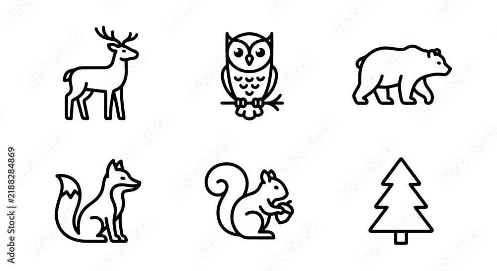 Obraz premium Forest Animals Icons Set, Woodland Creatures Vector Graphics, Nature Wildlife Line Art Collection
