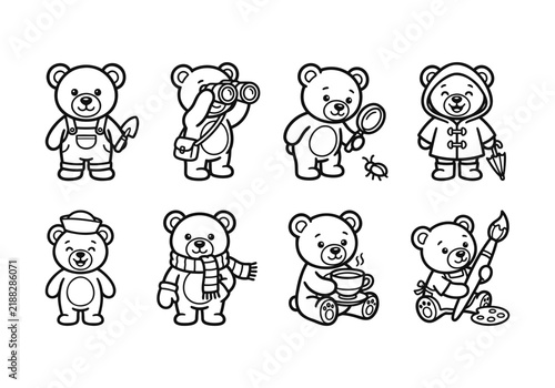 Cute teddy bear coloring book set, 8 cartoon bear character icons, black and white line art vector collection for kids activities