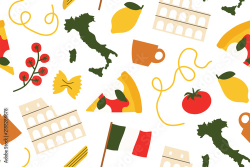 seamless Italy pattern with Italian-themed icons including flag, map, lemon, pizza, pasta, tomato, colosseum and coffee espresso - vector illustration