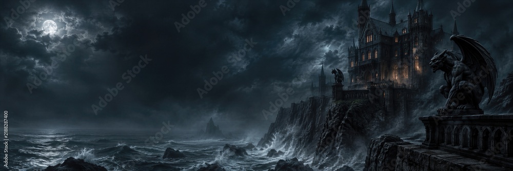 Obraz premium Spooky gothic castle on cliff over stormy sea with gargoyle statue under full moon. Haunted mansion in dark night with clouds. Banner with copy space