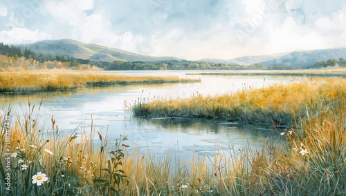 Watercolor landscape of a serene lake with golden marsh grass