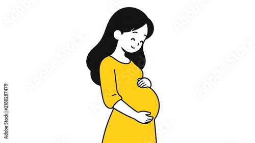 Minimalist, black-and-white characters with yellow simple and cute illustration of a pregnant woman on white background