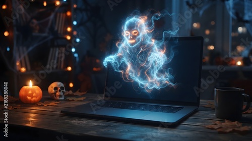 Halloween Ghostly AI Chatbot Avatar Floating Above Blank Laptop Screen
