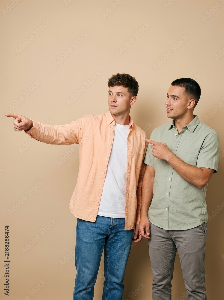 Obraz premium Two Young Men Pointing and Looking Away in Surprise Against a Neutral Studio Background