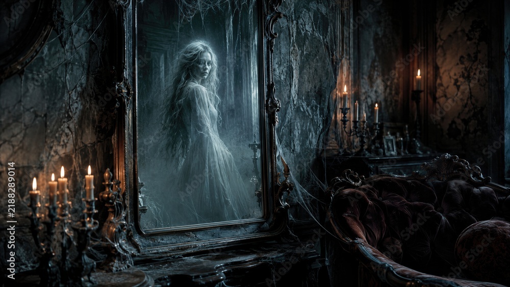 Obraz premium Ghost woman in old vintage mirror in dark abandoned mansion room with burning candles and cobwebs. Haunted house interior with mysterious spirit.