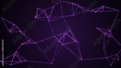 Glowing purple nodes and lines connect in an abstract digital network against a dark background.