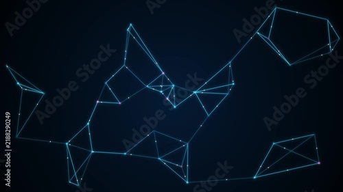 Glowing blue nodes and interconnecting lines form a dynamic digital web against a dark background.