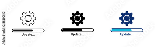 Sync process, settings gear icon representing update and process automation. Update progress icon with gear refresh arrows and loading bar symbol for software system.